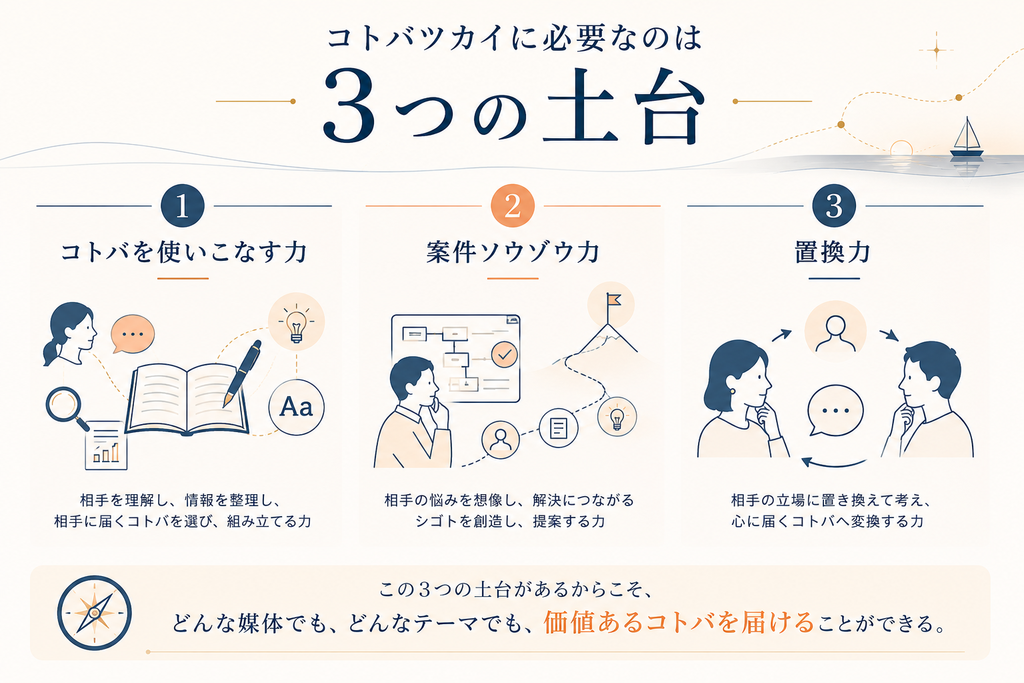 コトバツカイに必要な3つの土台「コトバを使いこなす力・案件ソウゾウ力・置換力」を解説した図