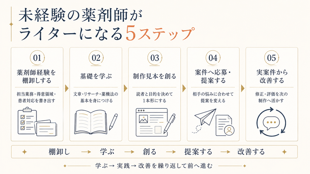 未経験の薬剤師がライターになる5ステップ「経験の棚卸し・基礎学習・制作見本作成・案件への応募と提案・実案件から改善」を示した図