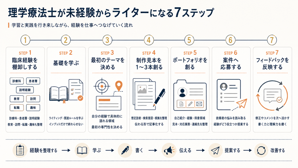 理学療法士が未経験からライターになる7ステップ「経験の棚卸し・基礎学習・テーマ決定・見本作成・ポートフォリオ作成・案件応募・改善」を示した図