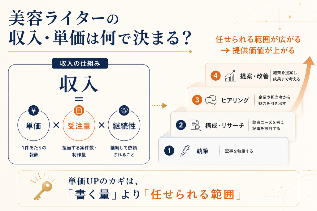 美容ライターの収入が単価・受注量・継続性で決まり、執筆だけでなく構成・リサーチ・ヒアリング・提案まで任せられる範囲が広がるほど単価アップにつながることを示した図