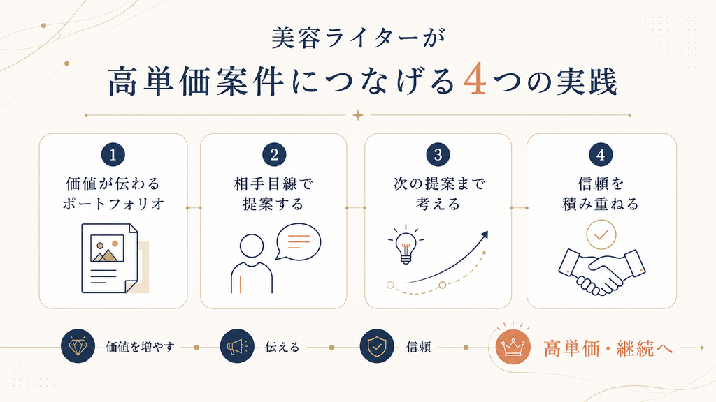 美容ライターが高単価案件につなげる4つの実践「価値が伝わるポートフォリオ・相手目線の提案・次の提案まで考える・信頼を積み重ねる」を示した図