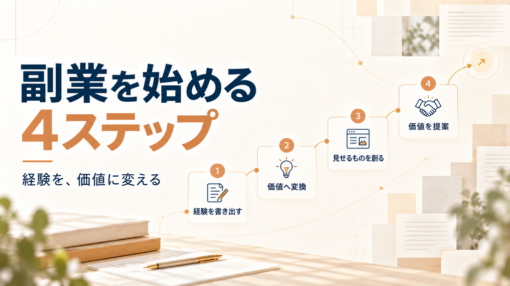 管理栄養士が副業を始める4ステップ「経験を書き出す・価値へ変換する・見せるものを作る・価値を提案する」を示した図
