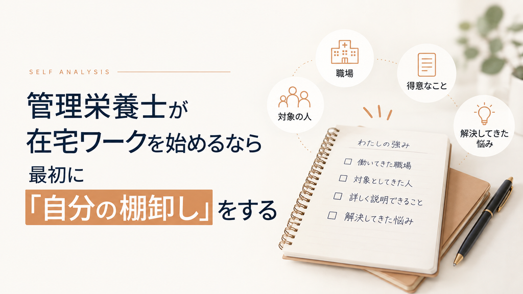 管理栄養士が在宅ワークを始める前に、職場・関わった人・得意なこと・解決してきた悩みを棚卸しする方法を示した図