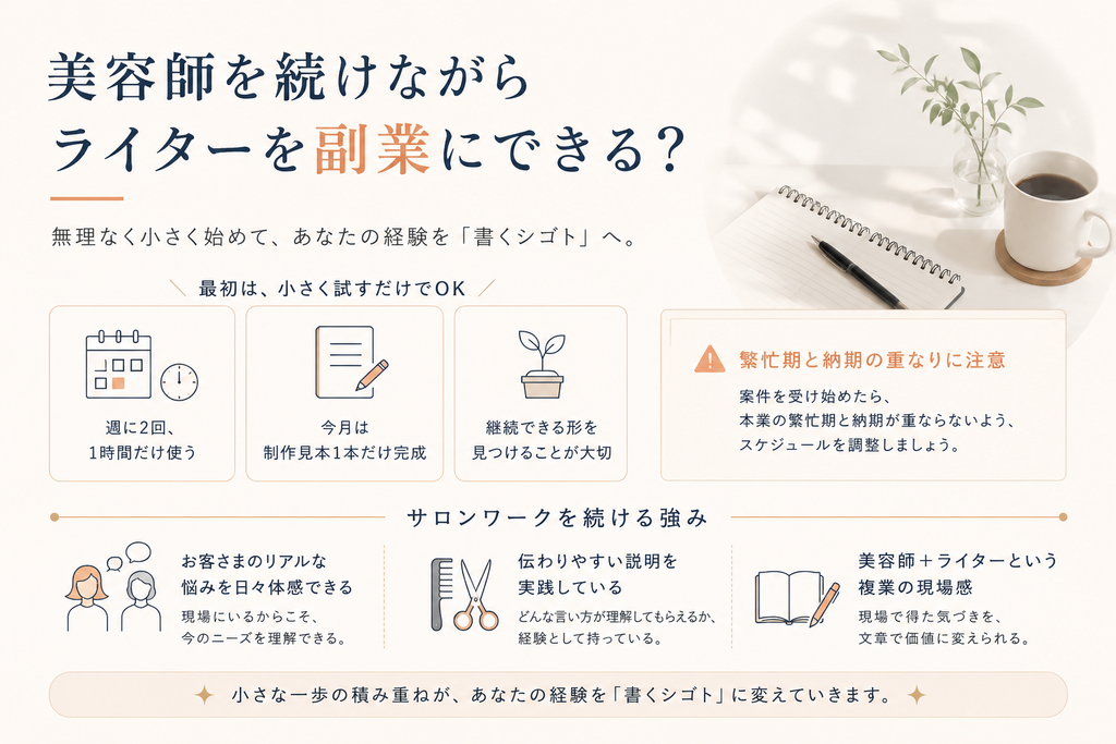 美容師を続けながらライターを副業にする方法と、無理なく始めて経験を書くシゴトへ変えるポイントを示した図