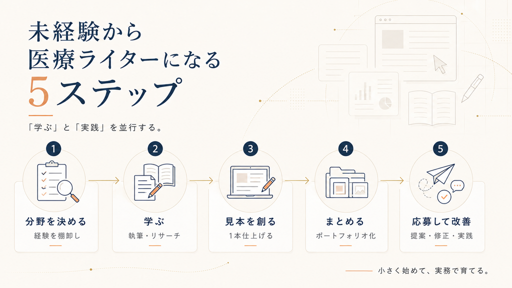 未経験から医療ライターになる5ステップ「分野を決める・学ぶ・制作見本を作る・ポートフォリオにまとめる・案件に応募して改善する」を示した図