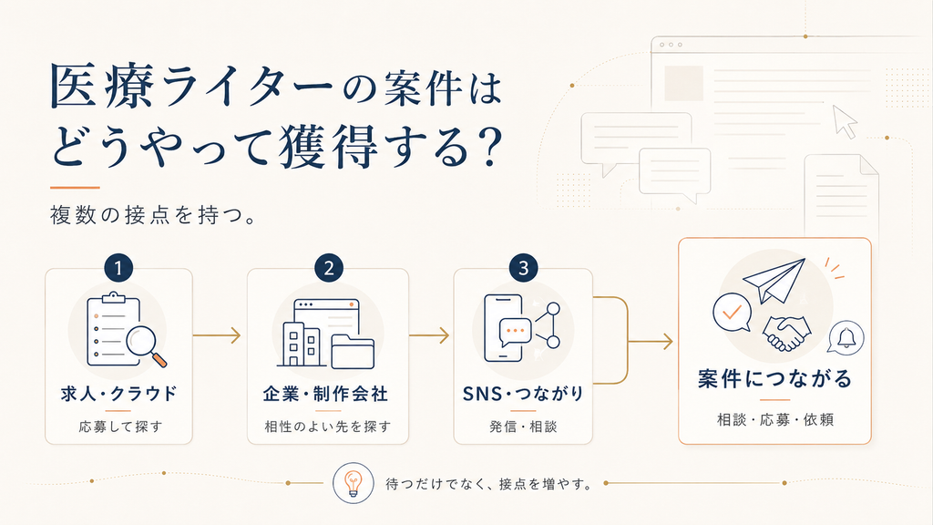 医療ライターが案件を獲得する方法として、求人・クラウドソーシング、企業や制作会社への提案、SNSや人とのつながりを活用する流れを示した図