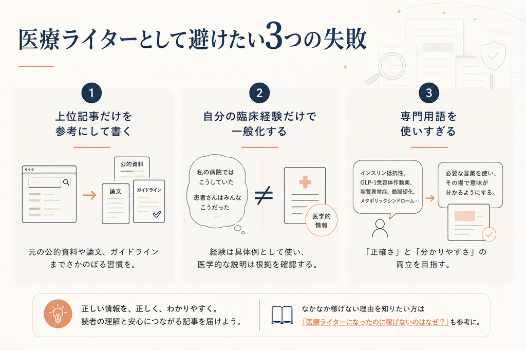医療ライターとして避けたい3つの失敗「上位記事だけを参考にする・臨床経験だけで一般化する・専門用語を使いすぎる」を示した図
