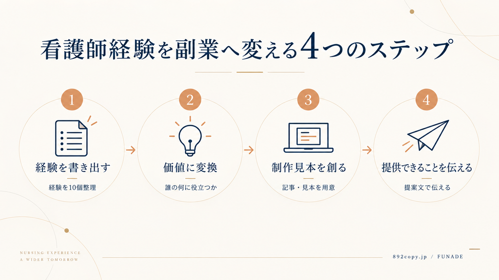 看護師経験を副業につなげる4ステップ「経験を書き出す・価値に変換する・制作見本を作る・提供できることを伝える」を示した図