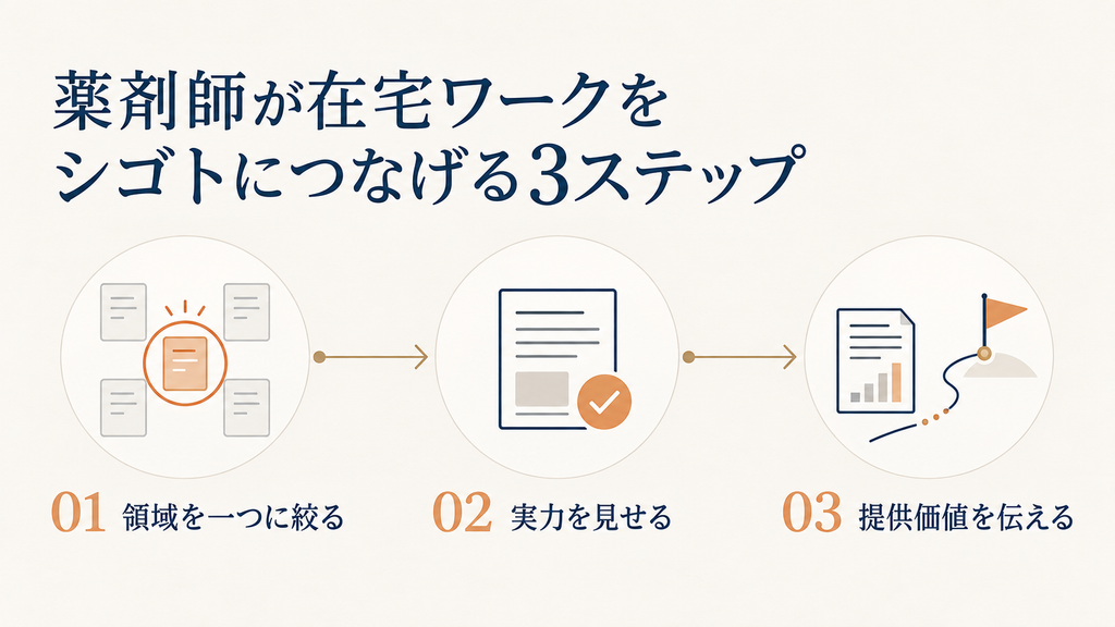 薬剤師が在宅ワークをシゴトにつなげる3ステップ「領域を一つに絞る・実力を見せる・提供価値を伝える」を示した図