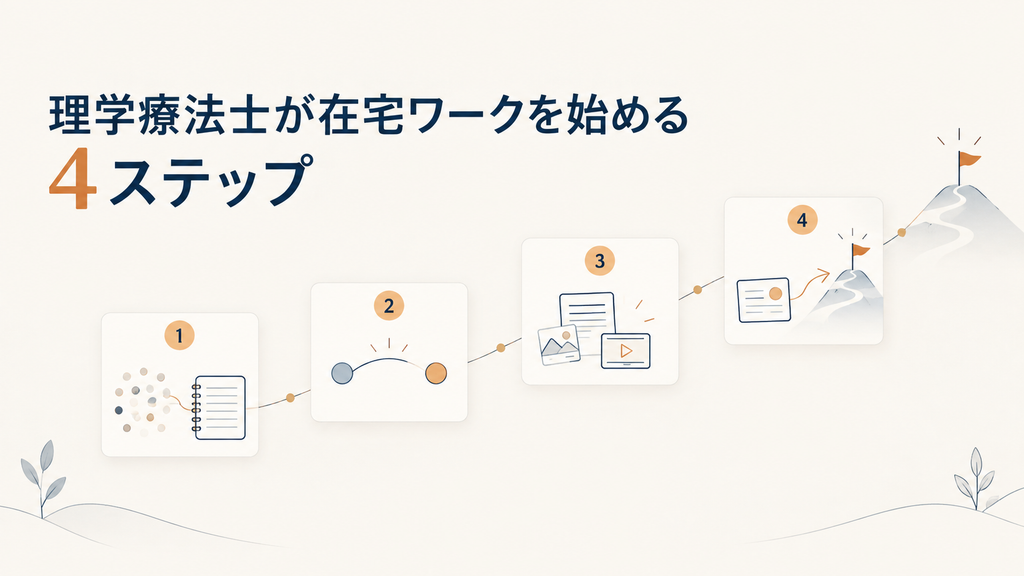 理学療法士が在宅ワークを始めるための4つのステップを示した図