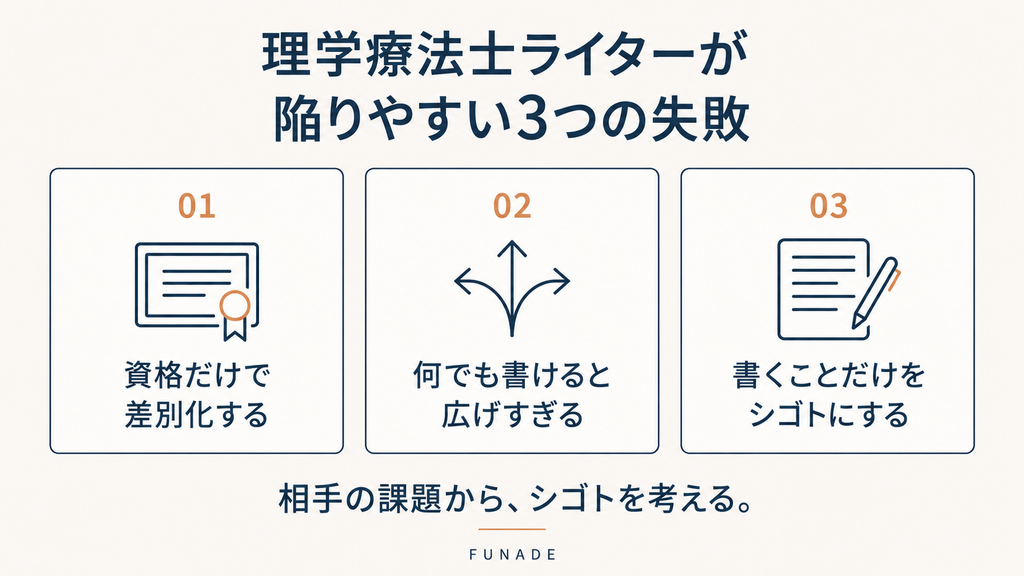 理学療法士ライターが陥りやすい3つの失敗「資格だけで差別化する・何でも書けると広げすぎる・書くことだけをシゴトにする」を示した図