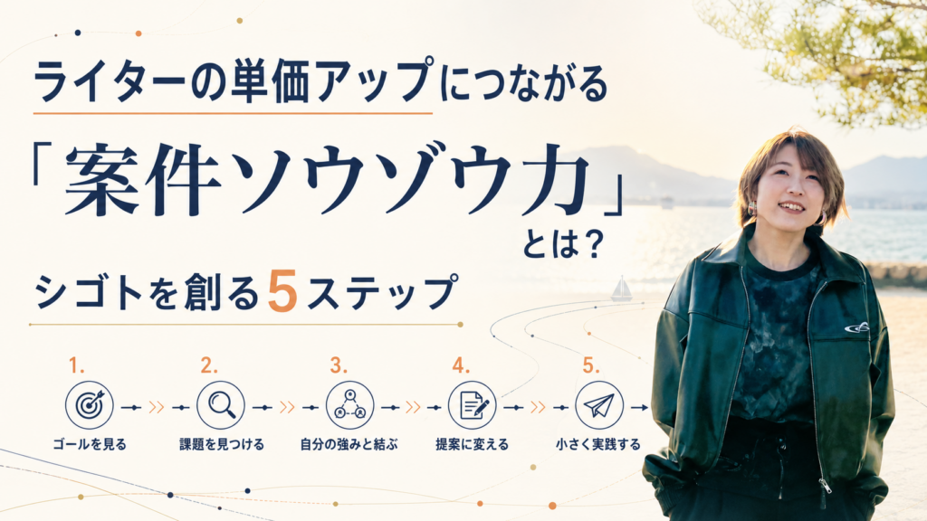 ライターの単価アップにつながる案件ソウゾウ力と、ゴールを見る・課題を見つける・自分の強みと結ぶ・提案に変える・小さく実践する5ステップを示した画像