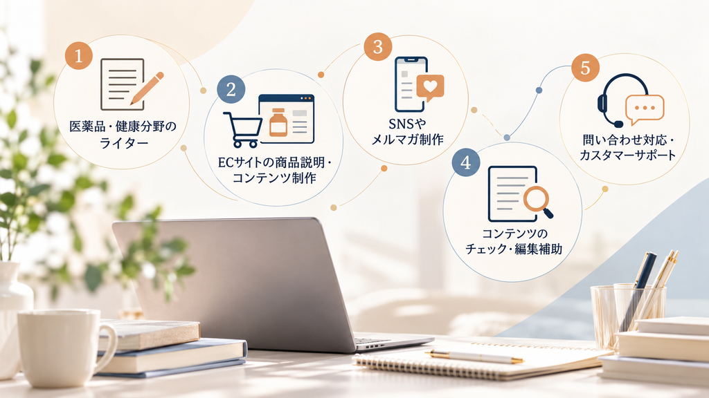 登録販売者の資格や経験を活かせる在宅ワーク5つ「医薬品・健康分野のライター、ECサイトの商品説明・コンテンツ制作、SNS・メルマガ制作、コンテンツのチェック・編集補助、問い合わせ対応・カスタマーサポート」を示した図