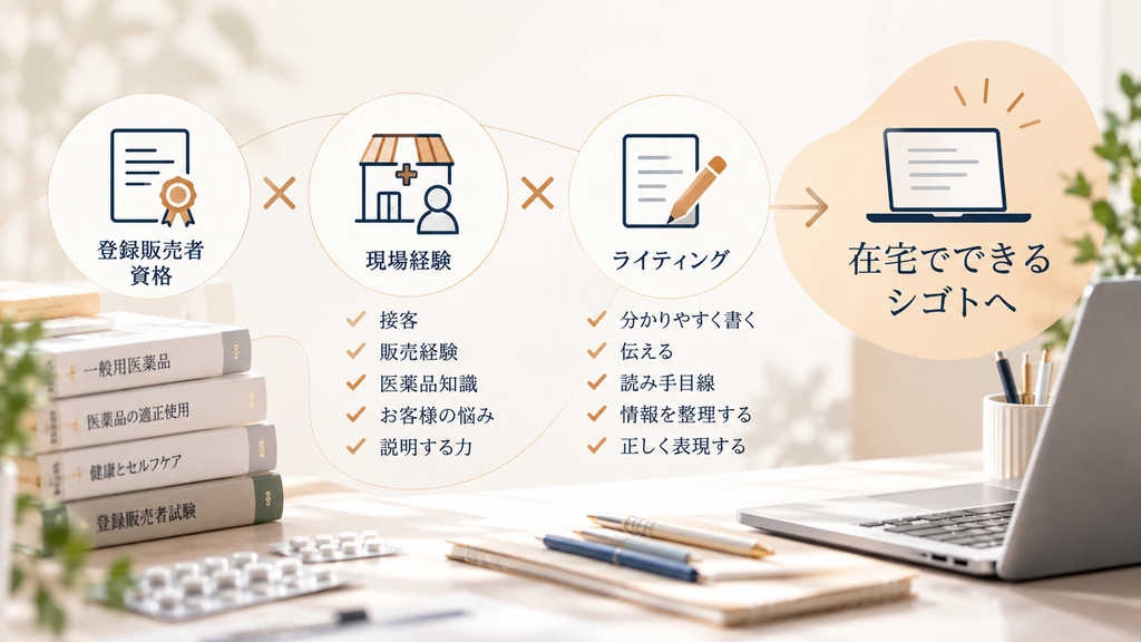 登録販売者の資格・現場経験・ライティングスキルを組み合わせて、在宅でできるシゴトにつなげる考え方を示した図