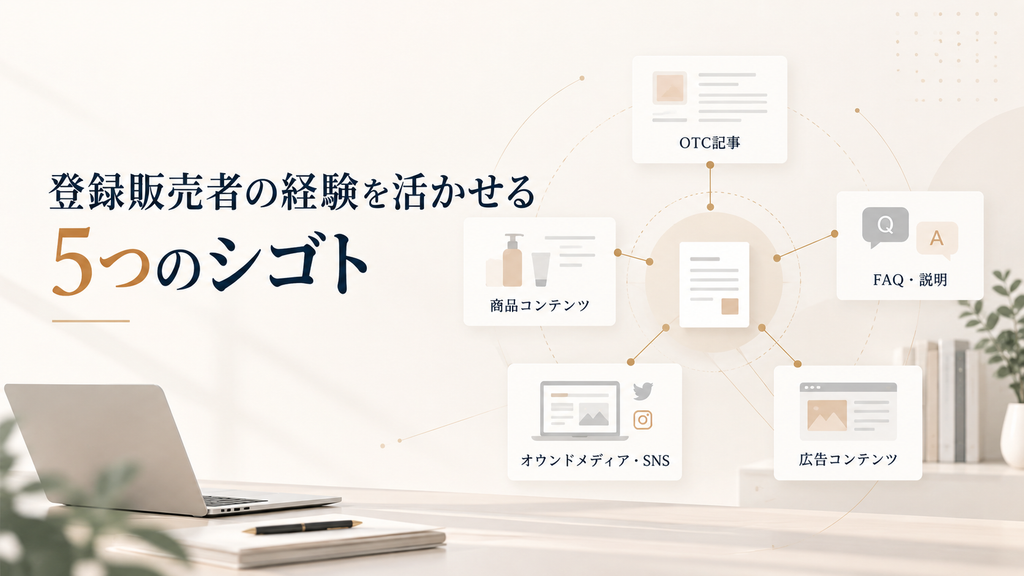 登録販売者の経験を活かせる5つのシゴト「OTC記事・商品コンテンツ・FAQや説明・オウンドメディアやSNS・広告コンテンツ」を示した図