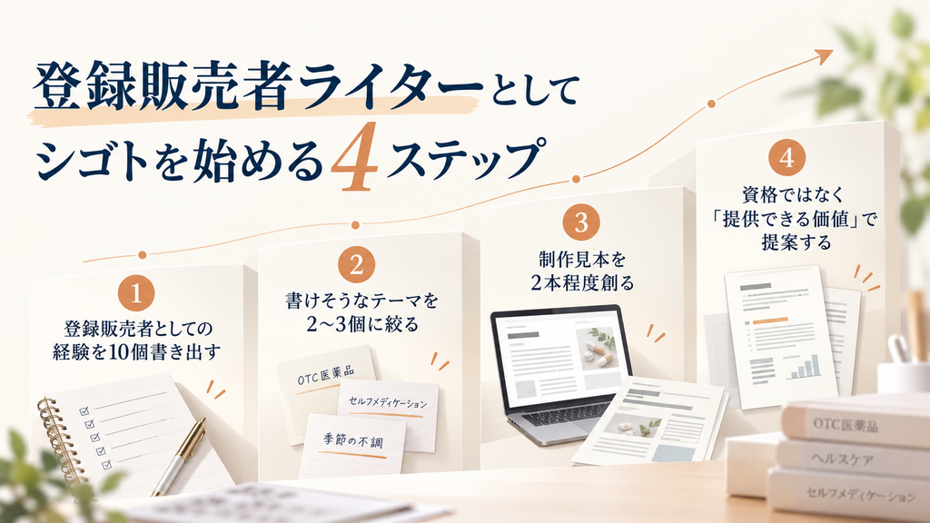 登録販売者ライターとしてシゴトを始める4ステップ「経験を書き出す・テーマを絞る・制作見本を作る・提供できる価値で提案する」を示した図