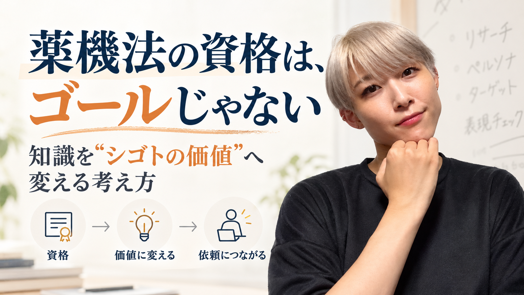 薬機法の資格取得をゴールにせず、身につけた知識をシゴトの価値に変えて依頼につなげる考え方を示した画像