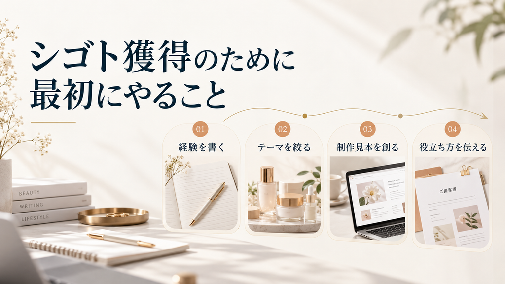 美容ライターがシゴトを獲得するために、経験を書き出す・テーマを絞る・制作見本を創る・役立ち方を伝える4ステップを示した図