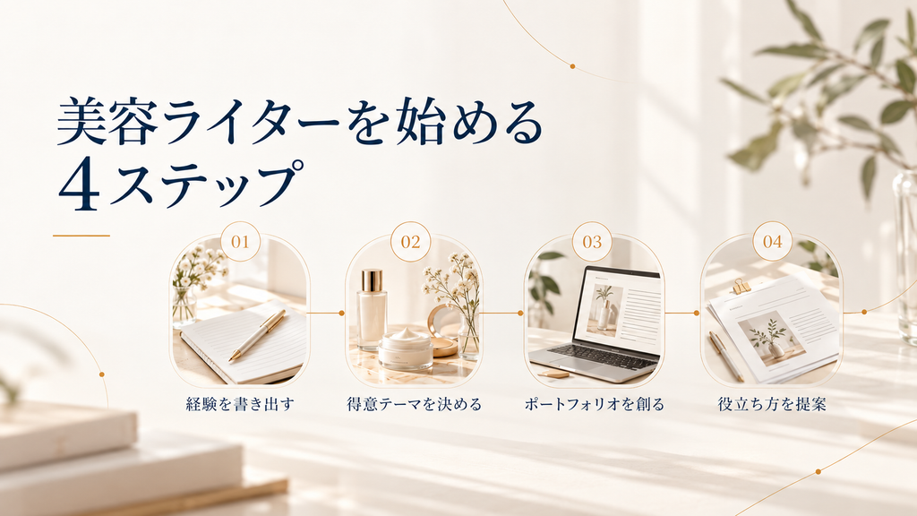 美容ライターを始める4ステップ「経験を書き出す・得意テーマを決める・ポートフォリオを創る・役立ち方を提案する」を示した図