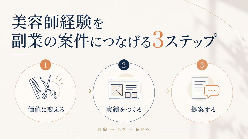 美容師経験を副業案件につなげる3ステップ「経験を価値に変える・実績をつくる・提案する」を示した図