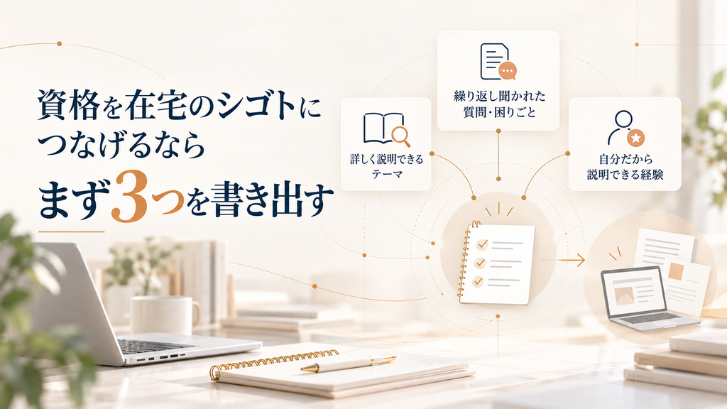 登録販売者が資格を在宅のシゴトにつなげるために「詳しく説明できるテーマ・繰り返し聞かれた質問や困りごと・自分だから説明できる経験」の3つを書き出す方法を示した図